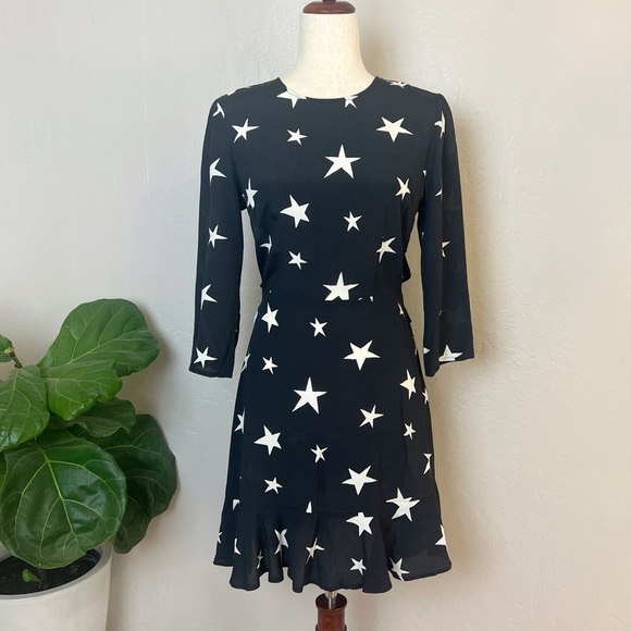 •K/LAB• Black / White Star Print Crepe Open Back Ruffle Mini Dress Size S‎ - Picture 2 of 14